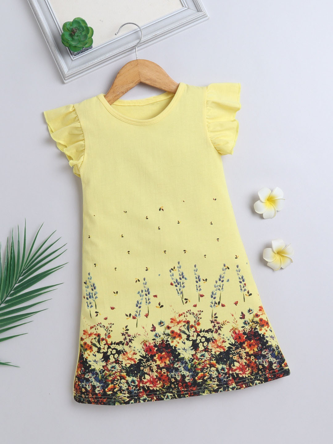 BRIGHT STARS KIDSWEAR Girls Yellow Floral Print Flutter Sleeve Round Neck A-Line Dress