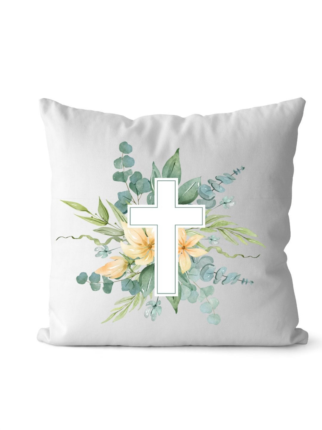 Loops n knots White & Green Floral Cross Printed Pre-Filled Cushion