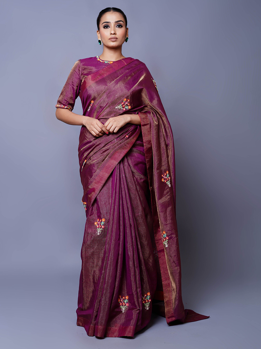 SANJ ADITYA Floral Embroidered Tissue Chanderi Saree
