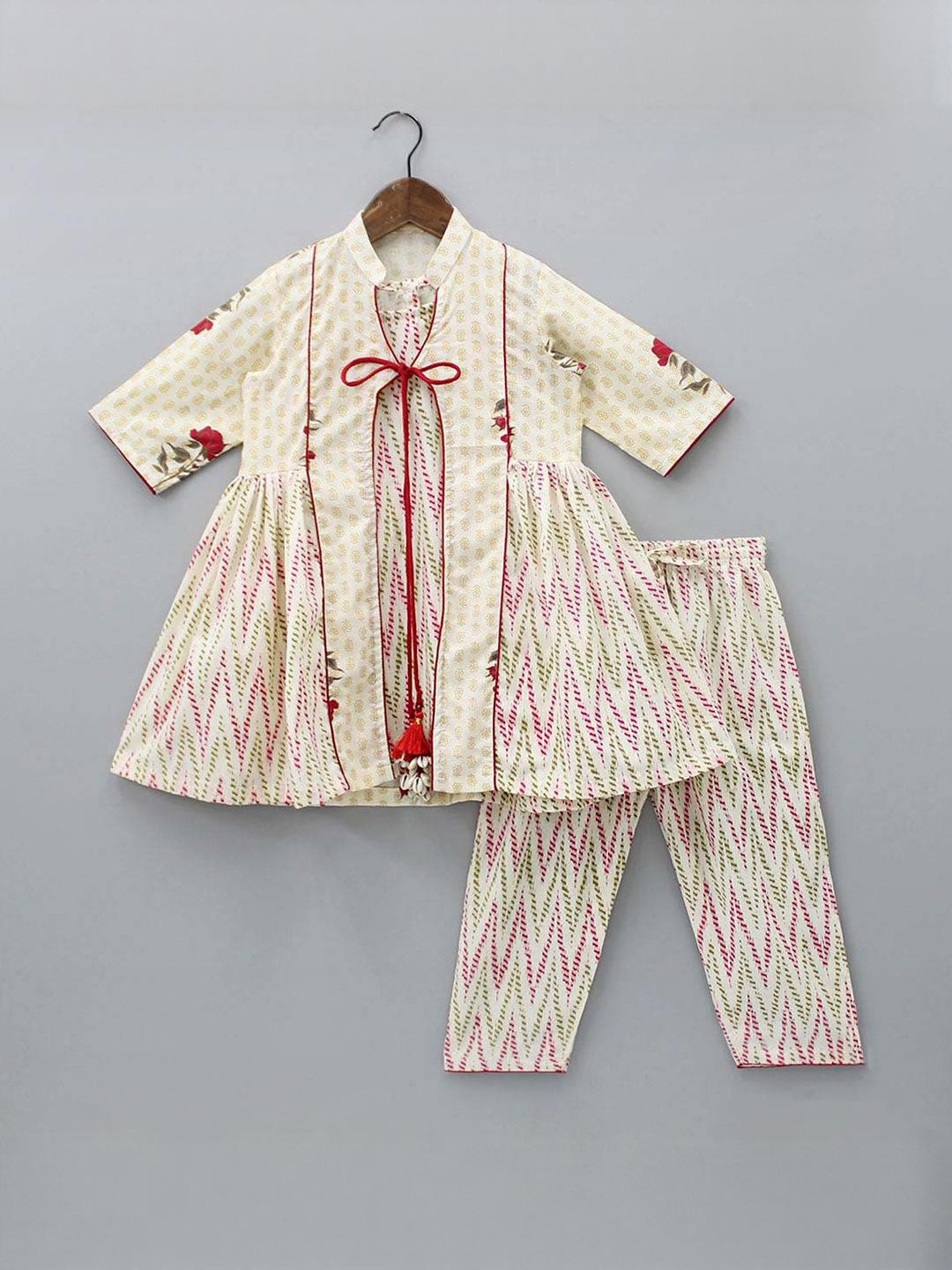 YK Girls Cream Polyester Printed Kurta Sets