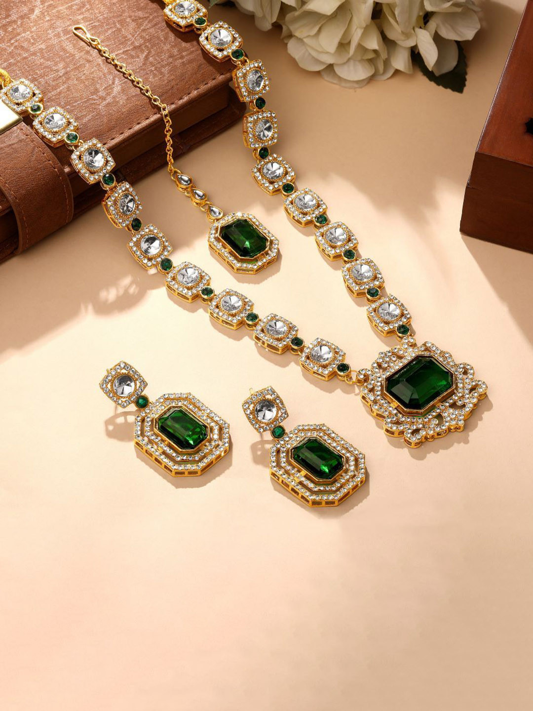 Atasi International Gold-Plated Emerlad Stone Studded Jewellery Set