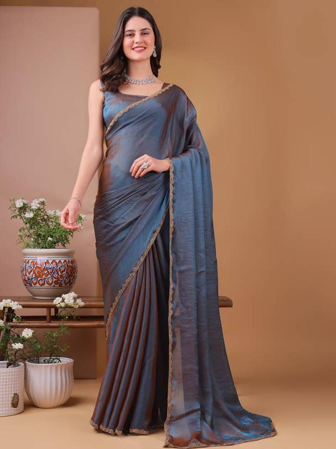 Sita Taupe Silk Blend Solid Sarees