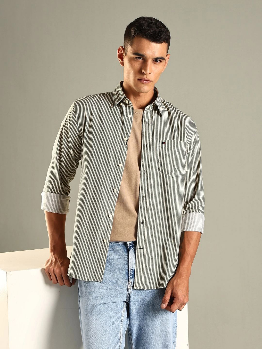 Tommy Hilfiger Button-Down Collar Vertical Stripes Striped Pure Cotton Opaque Shirt