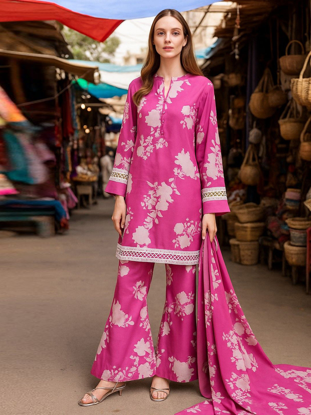 Lookmark Floral Printed Mandarin Collar Thread Work Kurta With Sharara & Dupatta