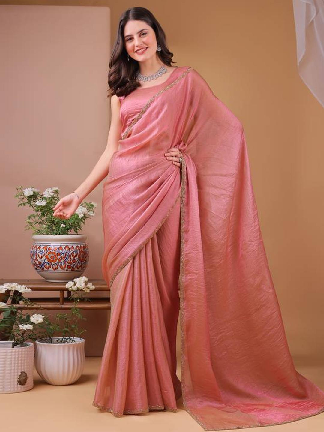 Sita Peach Silk Blend Solid Sarees