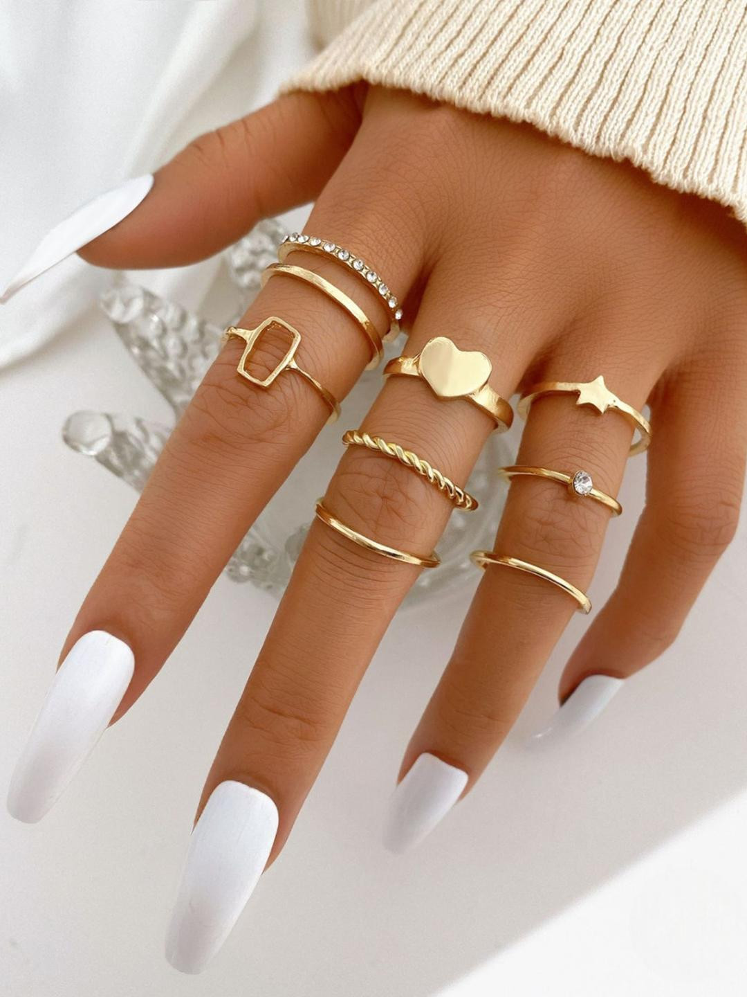 DressBerry Pack Of 8 Gold Plated Star Heart Cross Chain Ring Set