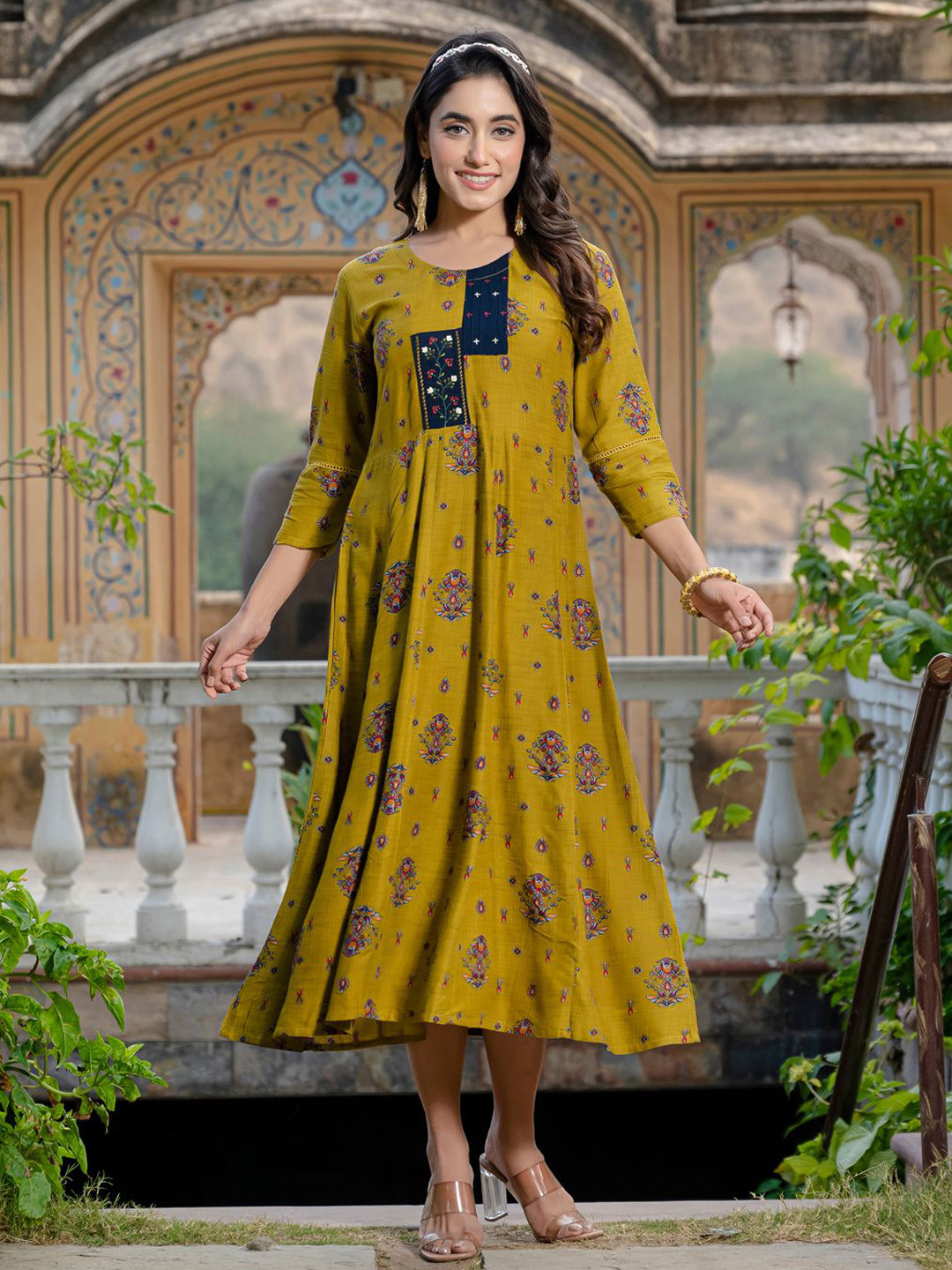 HERE&NOW Women Fully Stiched Embroidery A-Line Midi Dresses