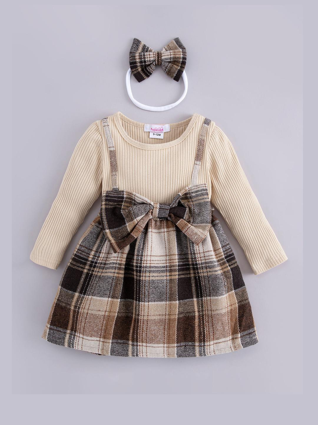 Hopscotch Beige Checked Cozy Bow Plaid Empire Dress