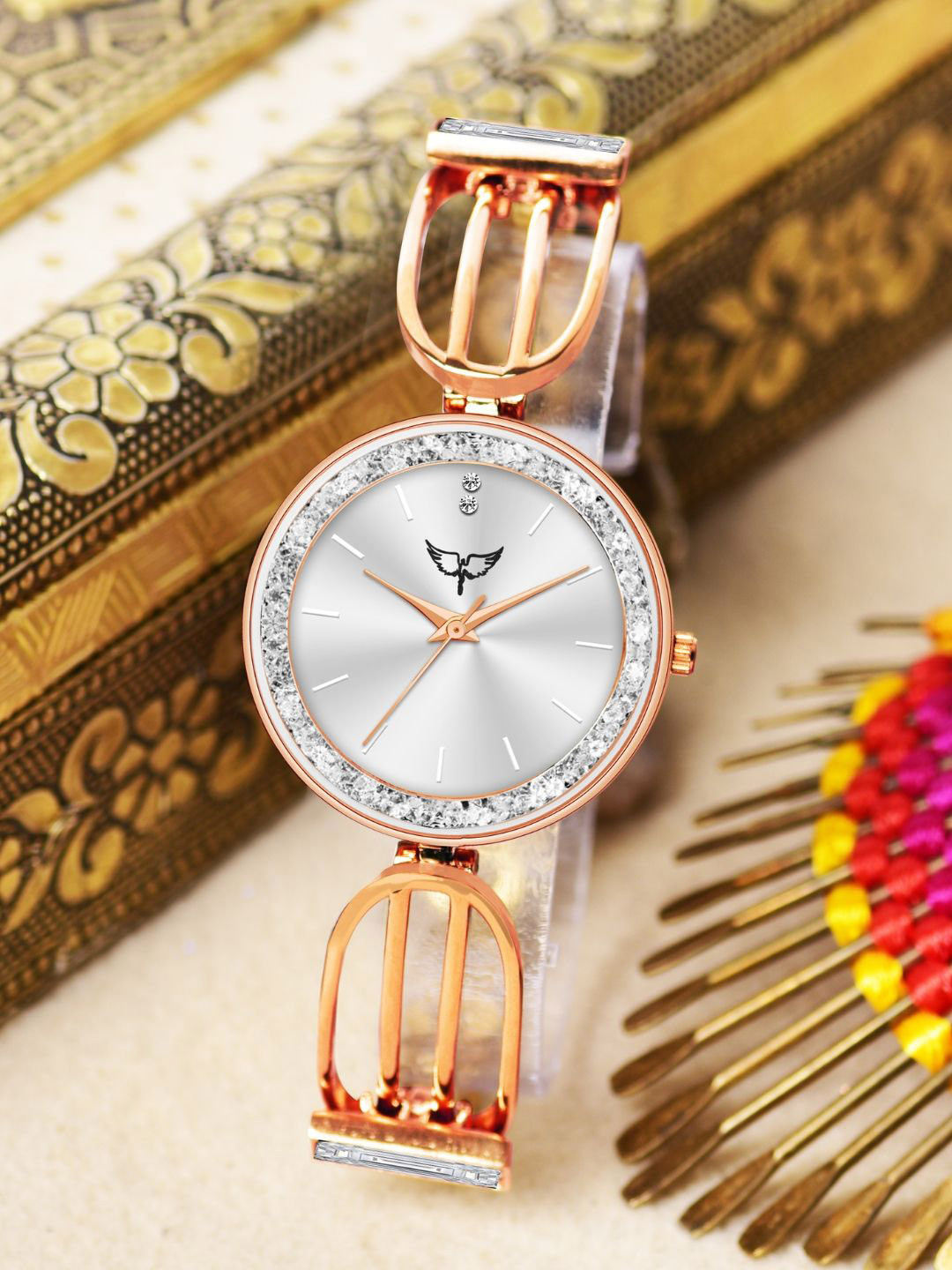 WHITE BIRD Women Brass Embellished Dial Analogue Watch 6009 Rose Gold