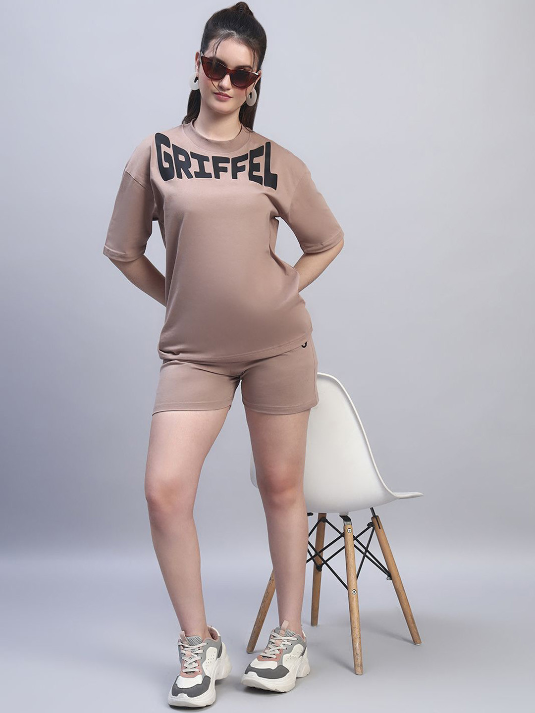 GRIFFEL Logo Printed Oversized Pure Cotton T-Shirt With Shorts Co-Ords Set
