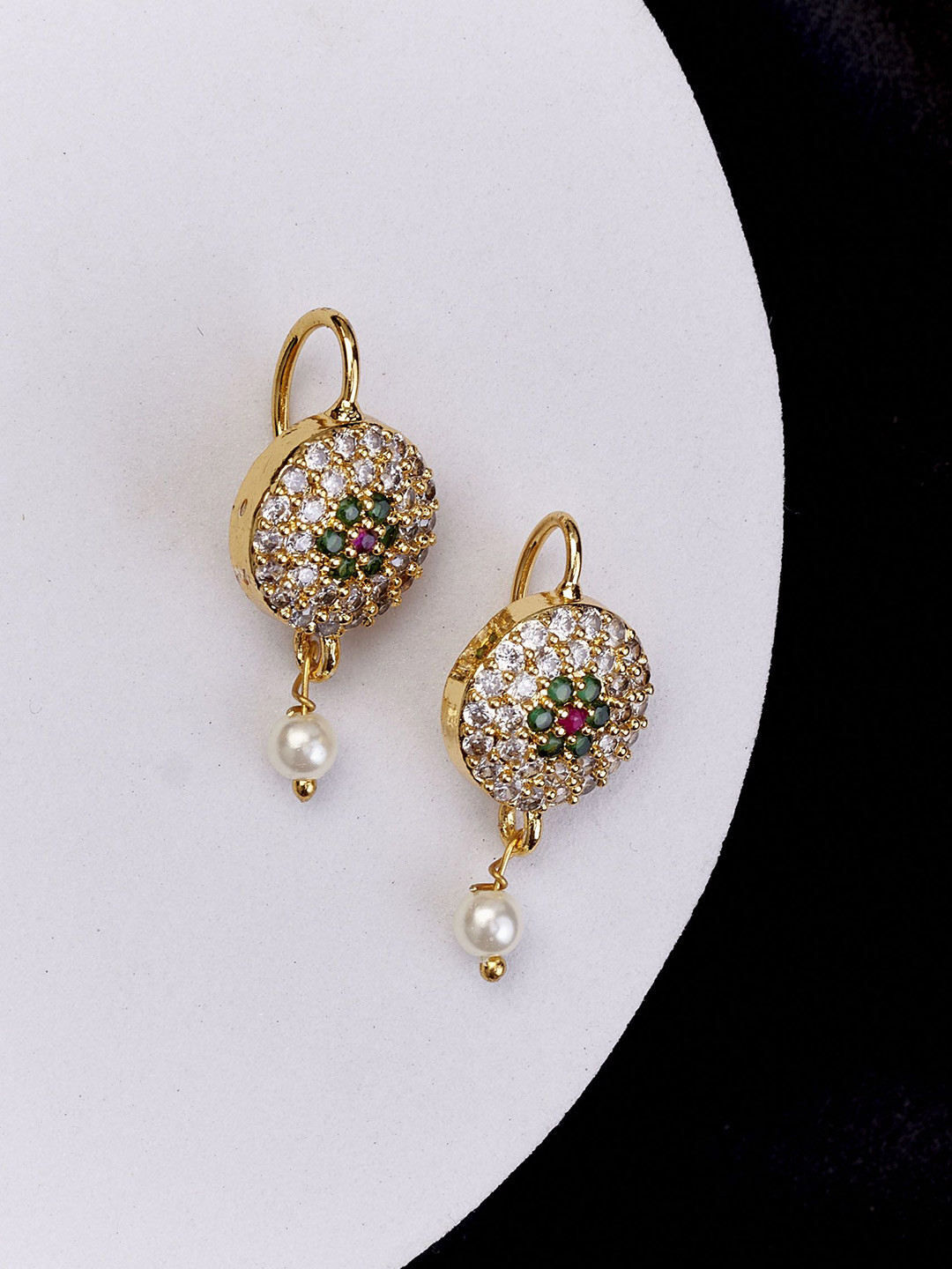 Opal Touch Gold-Plated CZ Studded & Pearls Beaded Circular Shaped Drop Earrings