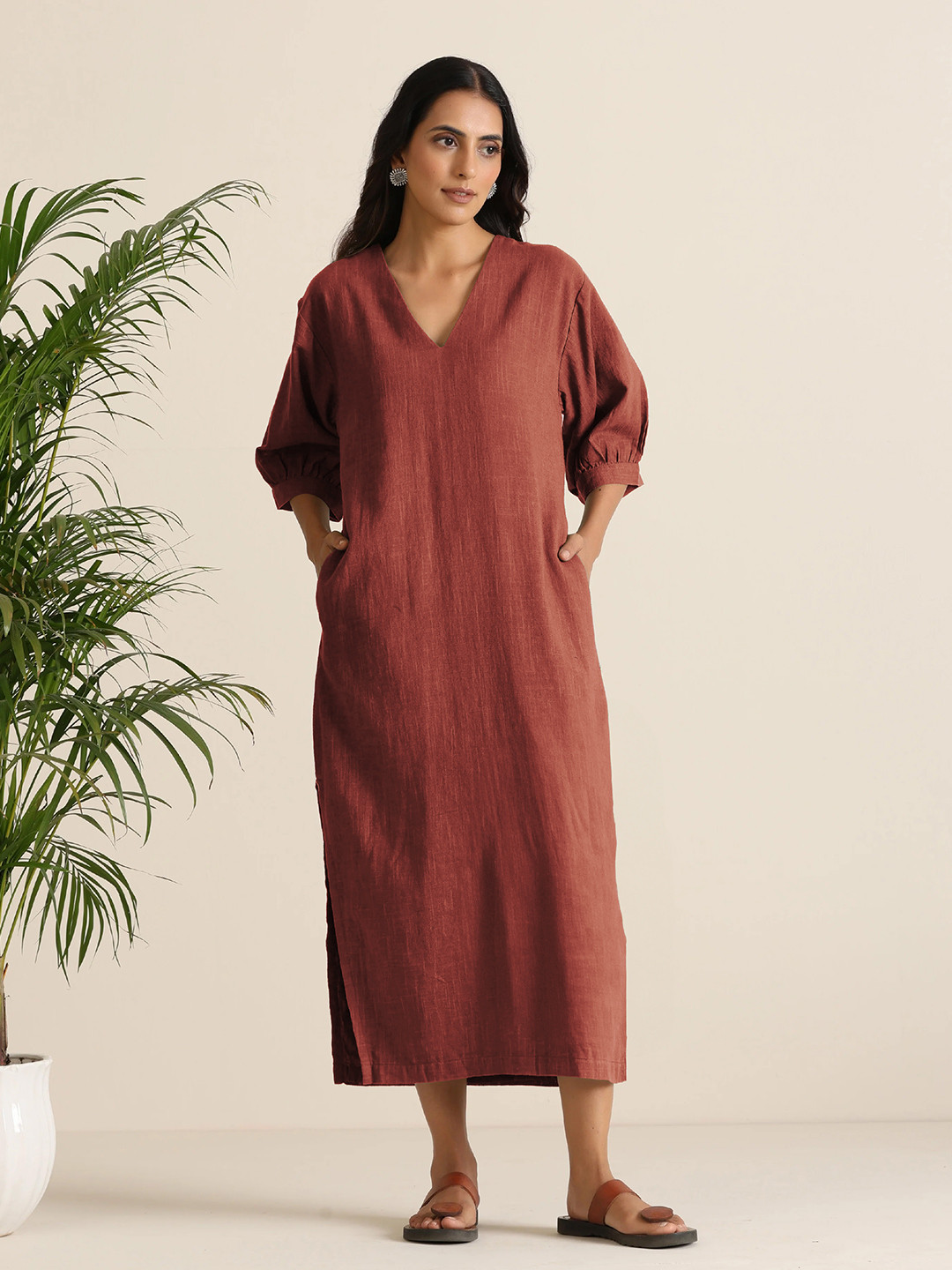 trueBrowns Women Rust Pink Cotton Blend Long Dress