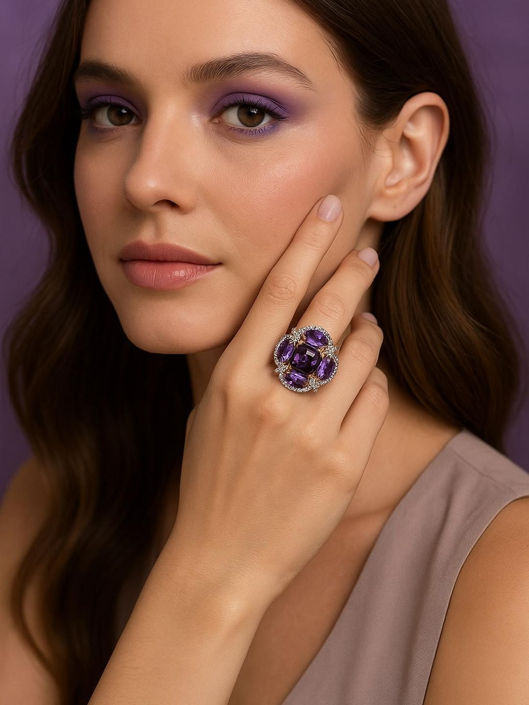 Manuvi Jewels Women Violet & Silver-Plated American Diamond Adjustable Alloy Ring