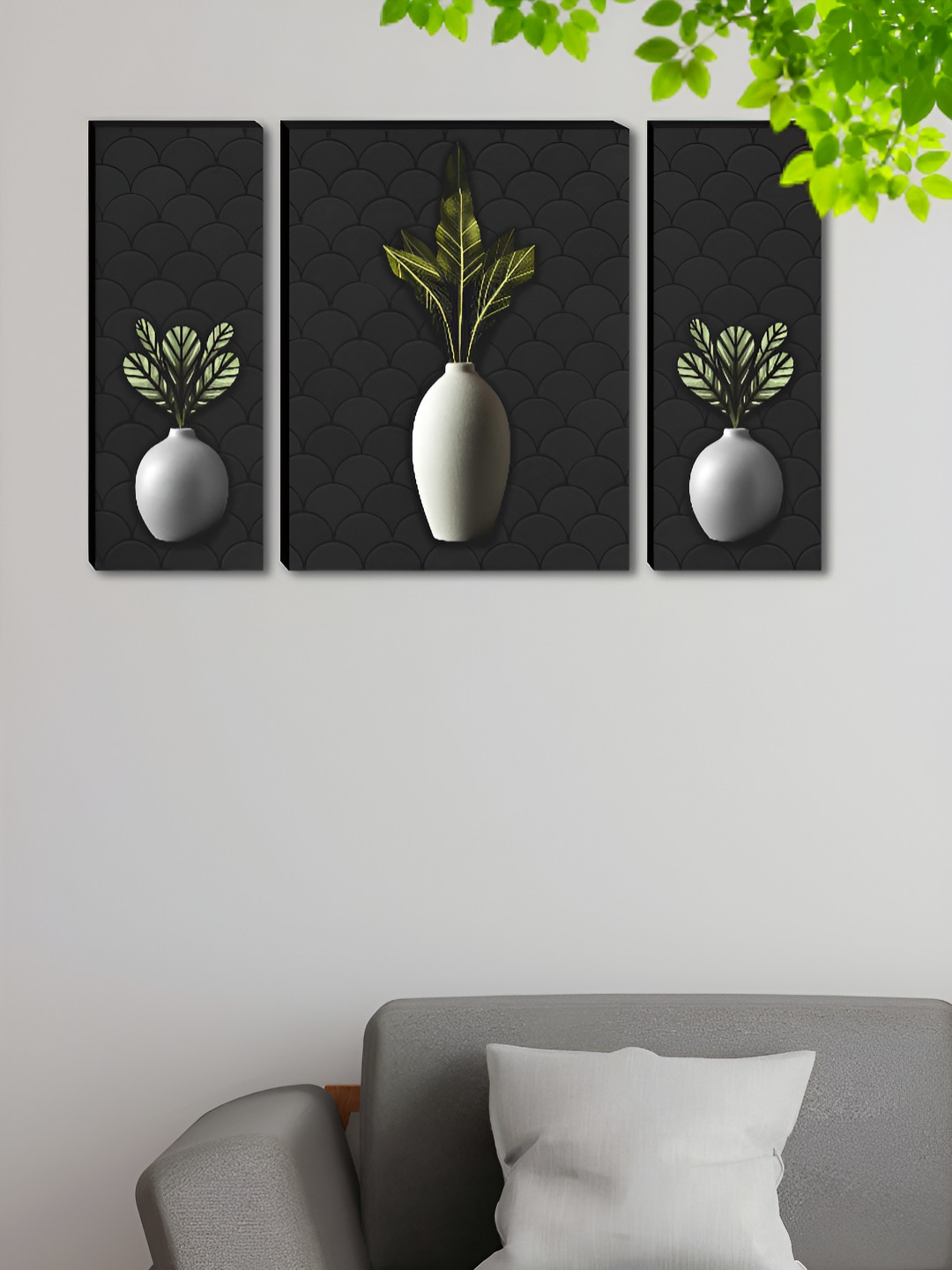 SAF White & Black 3 Pieces Vase Wooden Wall Arts