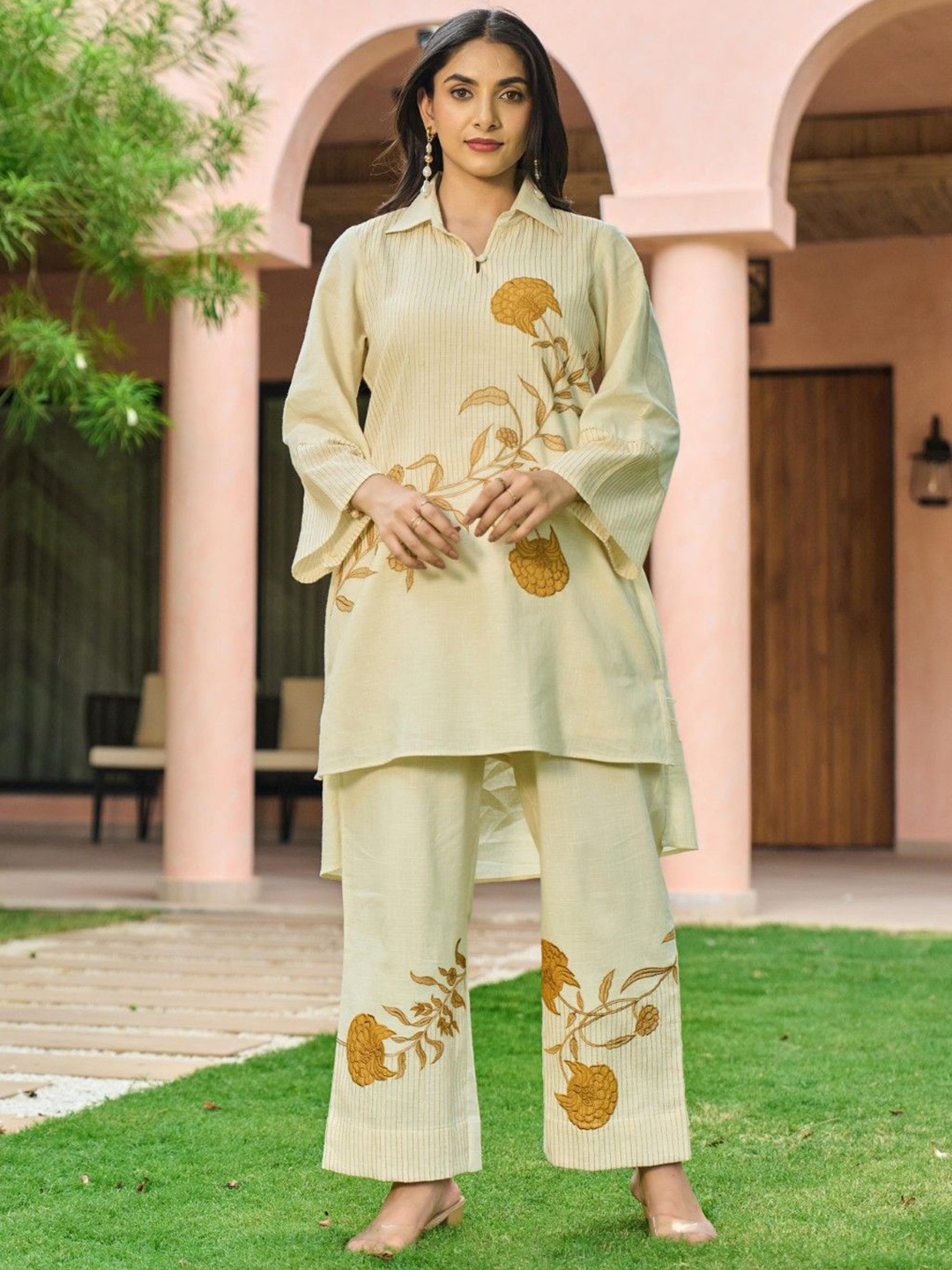 AUTUMN LANE Mahua Alabaster Floral Printed Shirt Collar Pure Cotton Tunic With Palazzo