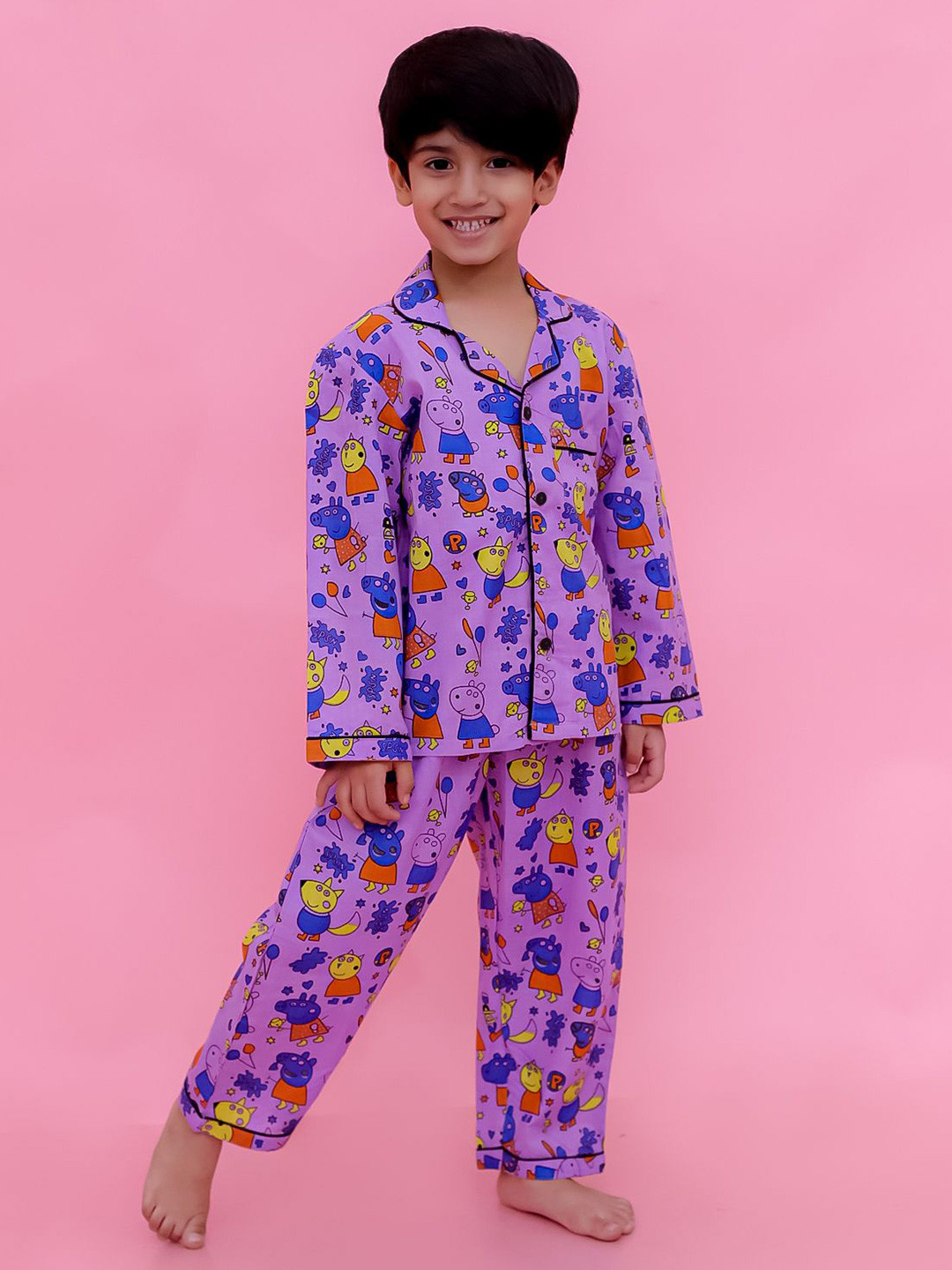 FREE BIRDS Kids Printed Lapel Collar Pure Cotton Shirt With Pyjama