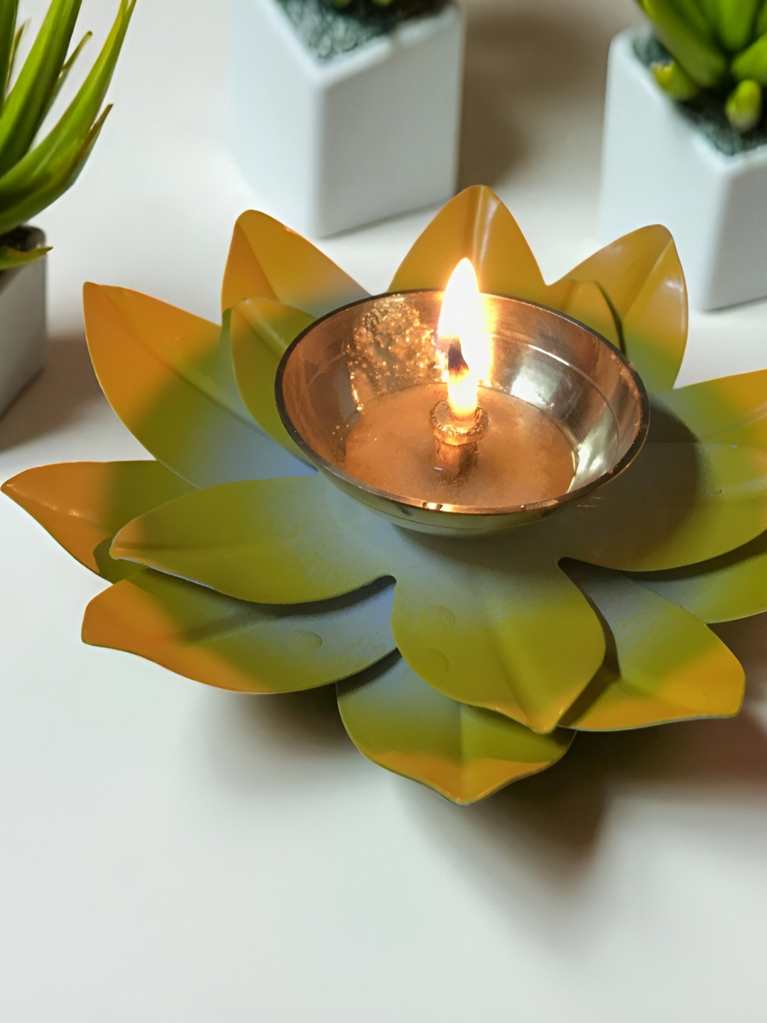 GADINFASHION Yellow & Green Lotus Shape Akhand Jyoti Pooja Diya