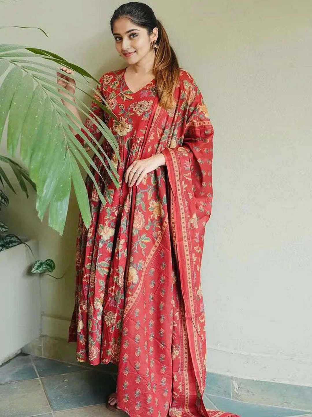 KULDEVYANI Floral Printed V-Neck Pure Cotton Anarkali Kurta With Trousers & Dupatta