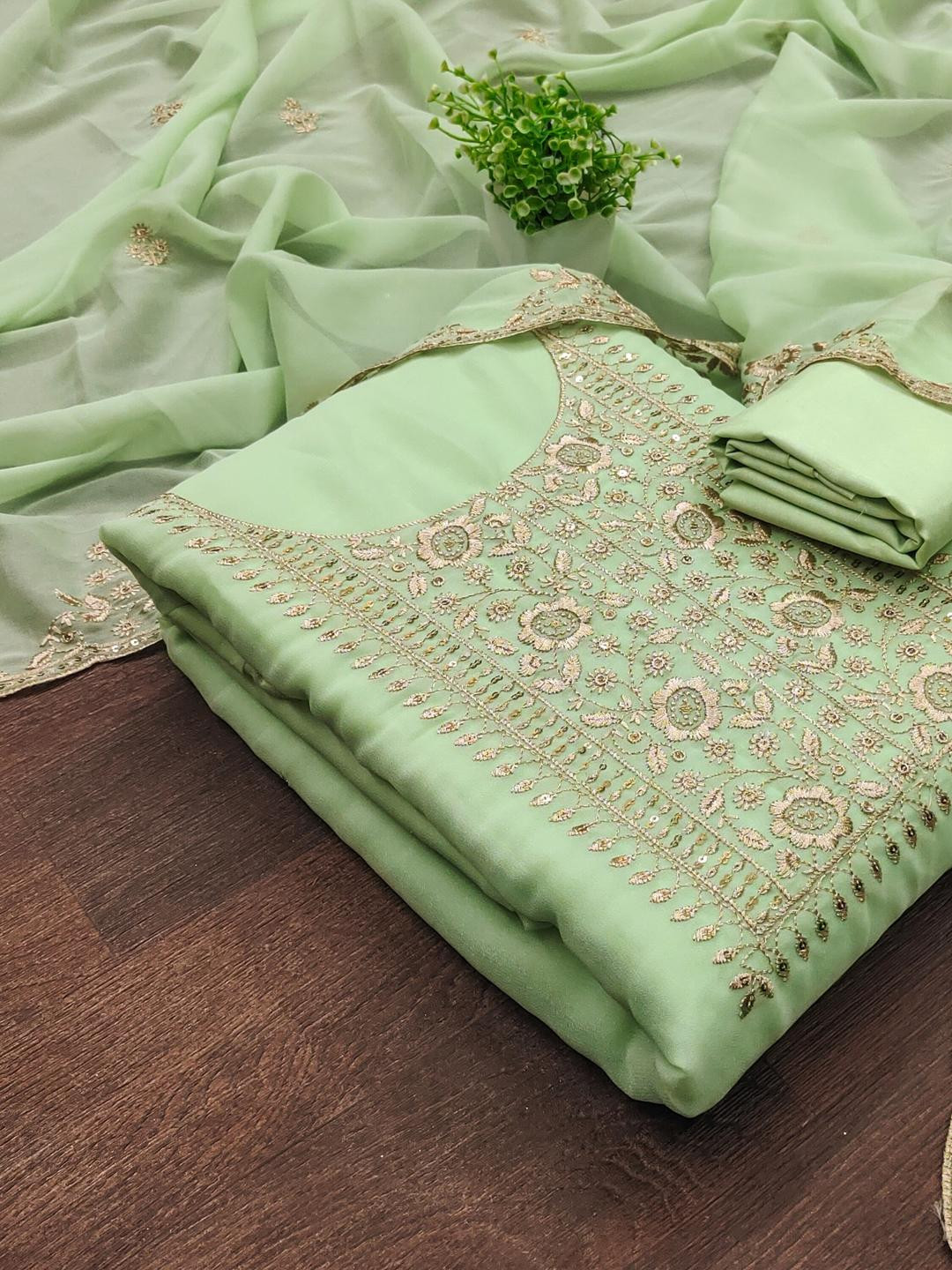 KALINI Women Green Embroidered Floral Dress Material