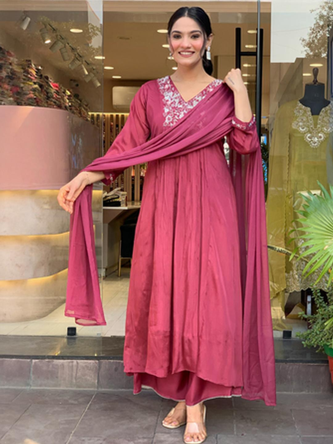 ATOXIC Women Red Embroidered Rayon V-Neck Kurta With Palazzos & Dupatta