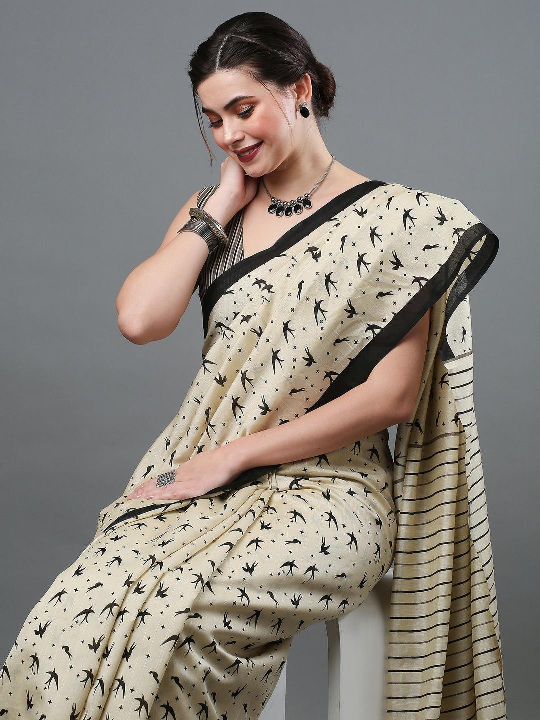 Lovwear Cream Pure Cotton  Sarees