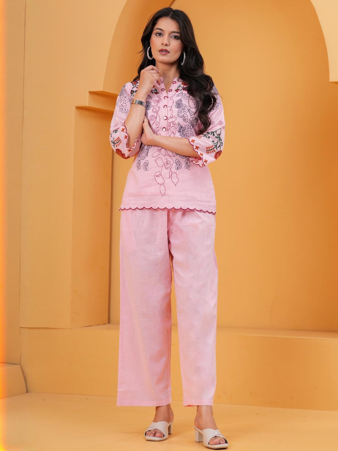 CORSICA Women Pure Cotton Mandarin Collar Pink Co-Ord Set