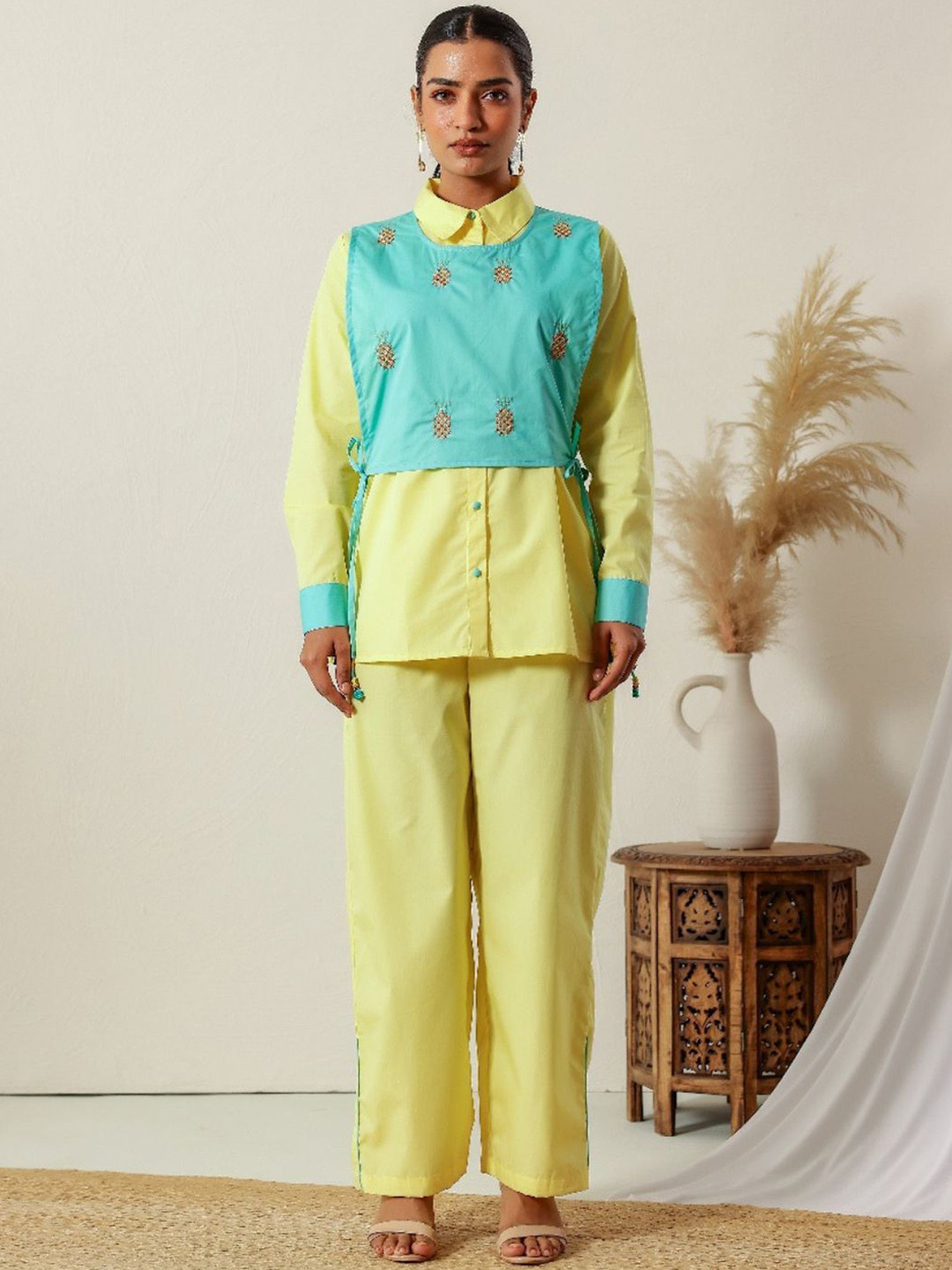 Zolo Label Shirt Collar Vest Top With Palazzo Pure Cotton Co-Ords