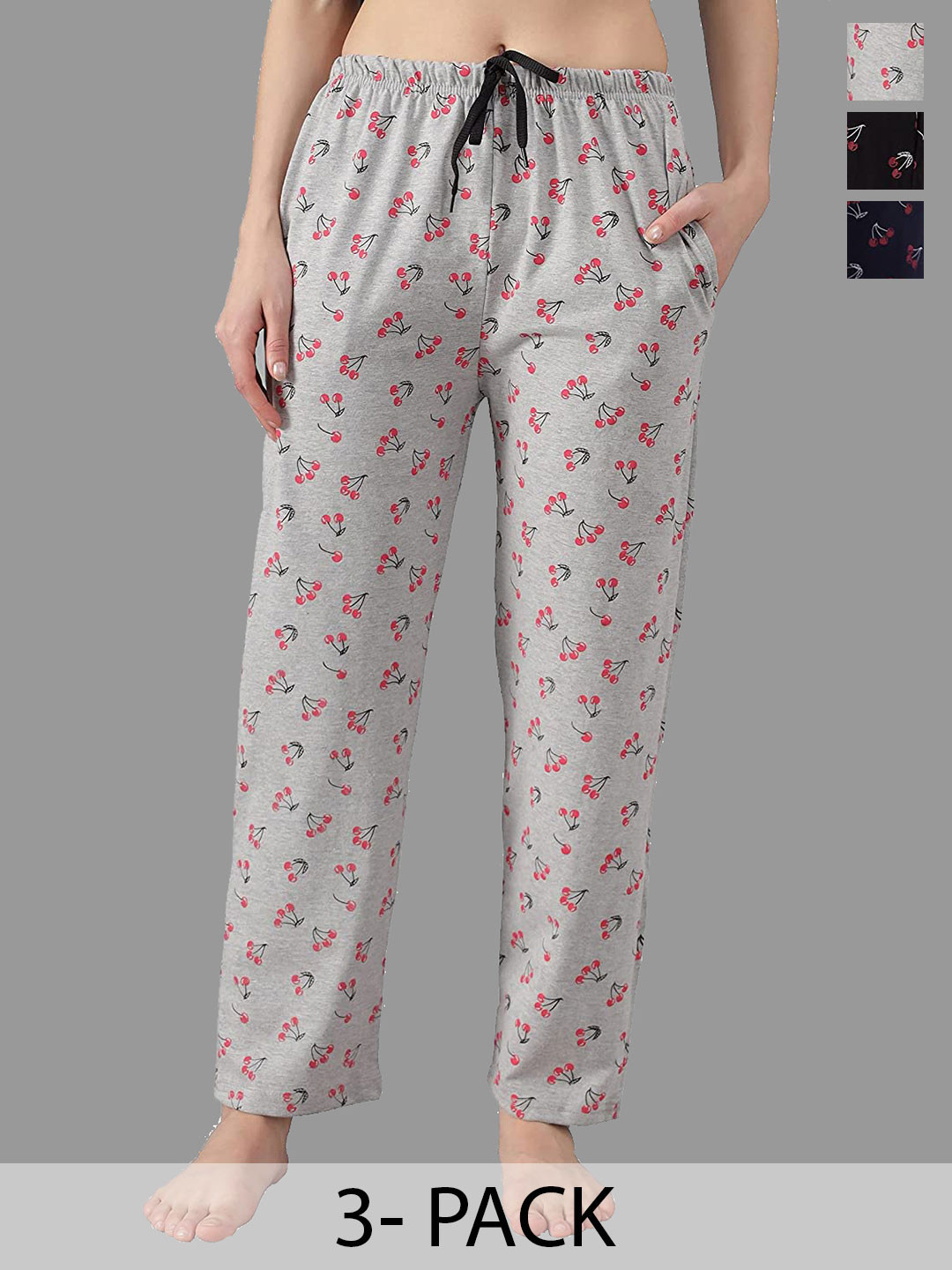 FIT N FAME Pack Of 3 Printed Cotton Pyjamas With Side Pockets