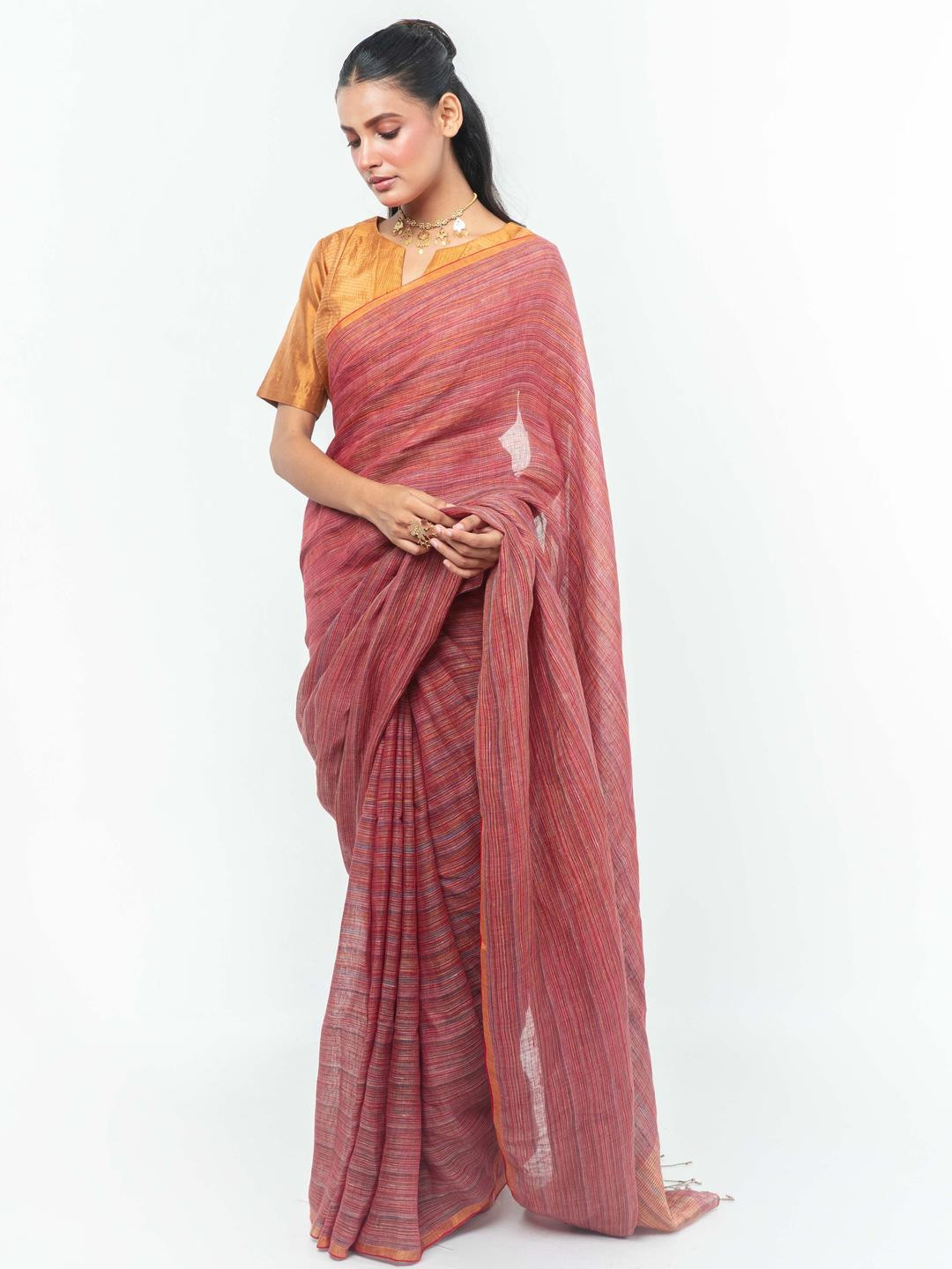 SREYA SAMANTA Striped Zari Border Pure Linen Taant Saree