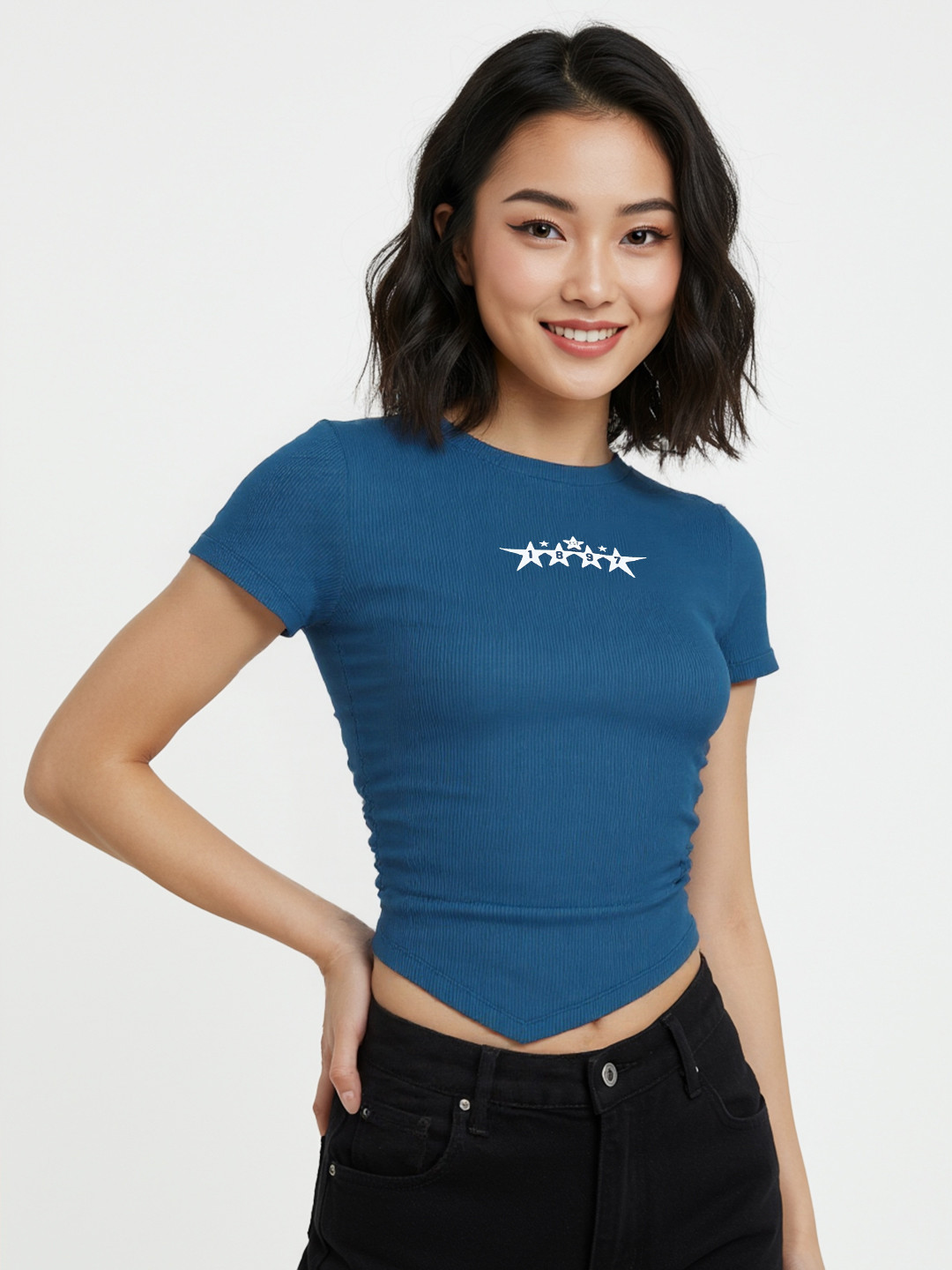 Teal Blue Ruched Ribbed Crop Top with Asymmetric Hem