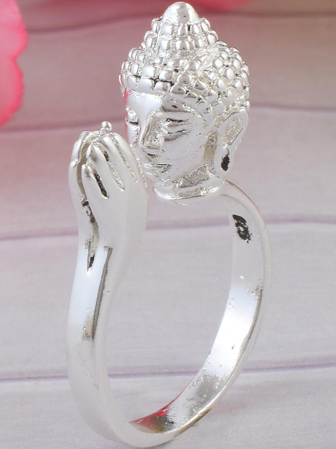 DZINETRENDZ Brass Anti Tarnish Silver Plated Folding Hand Buddha Monk Finger Ring