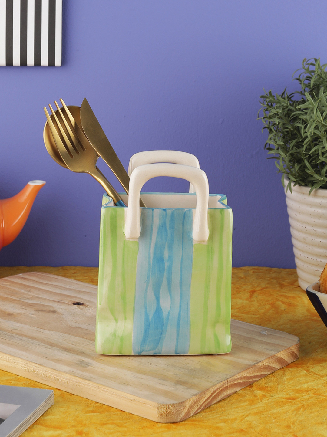 VarEesha Green & Blue Ceramic Cutlery Basket Holder