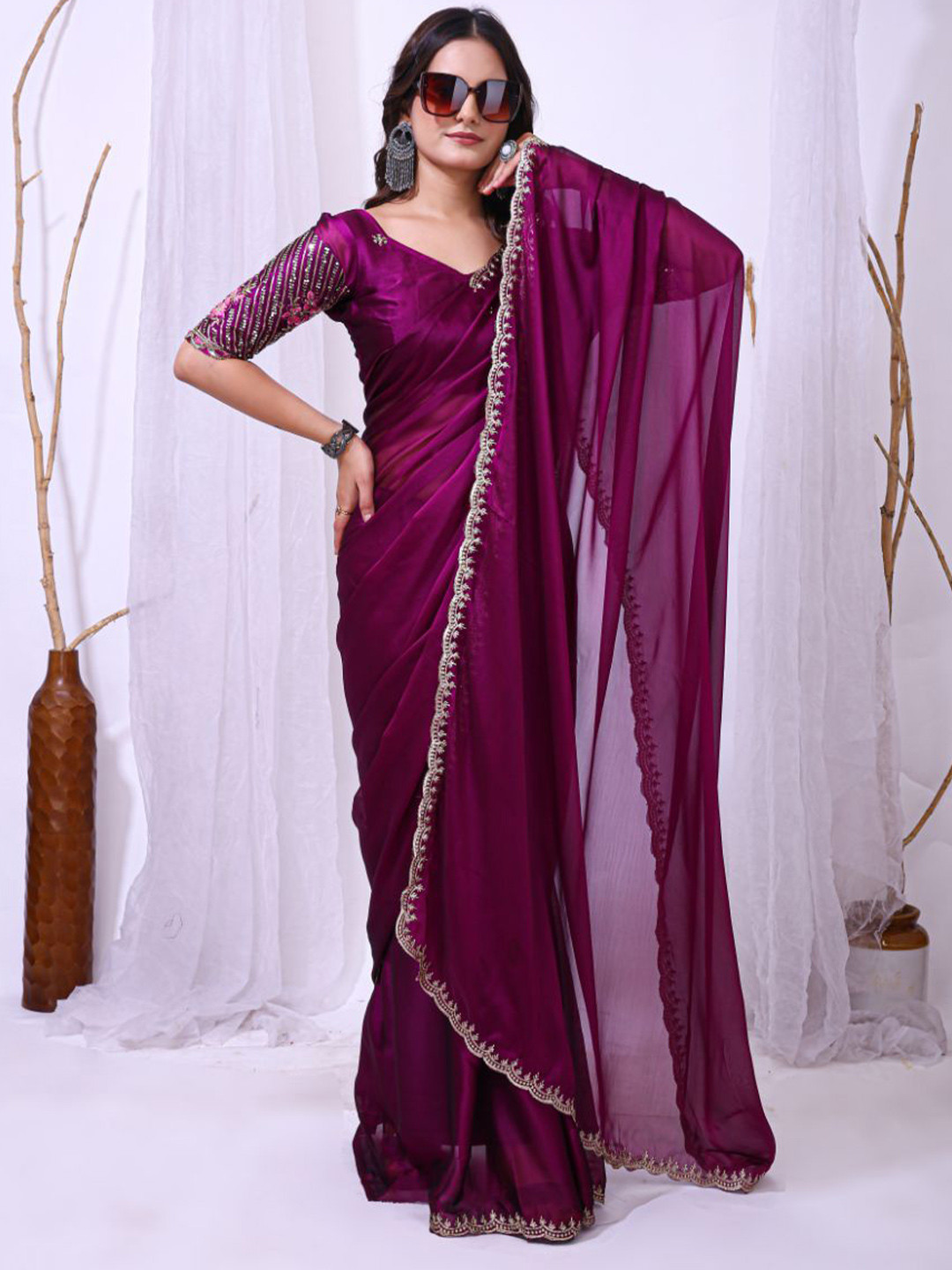 KAYOMMI Ready to Wear Chiffon Ilkal Saree with Embroidery Border & Bangalori Satin Blouse