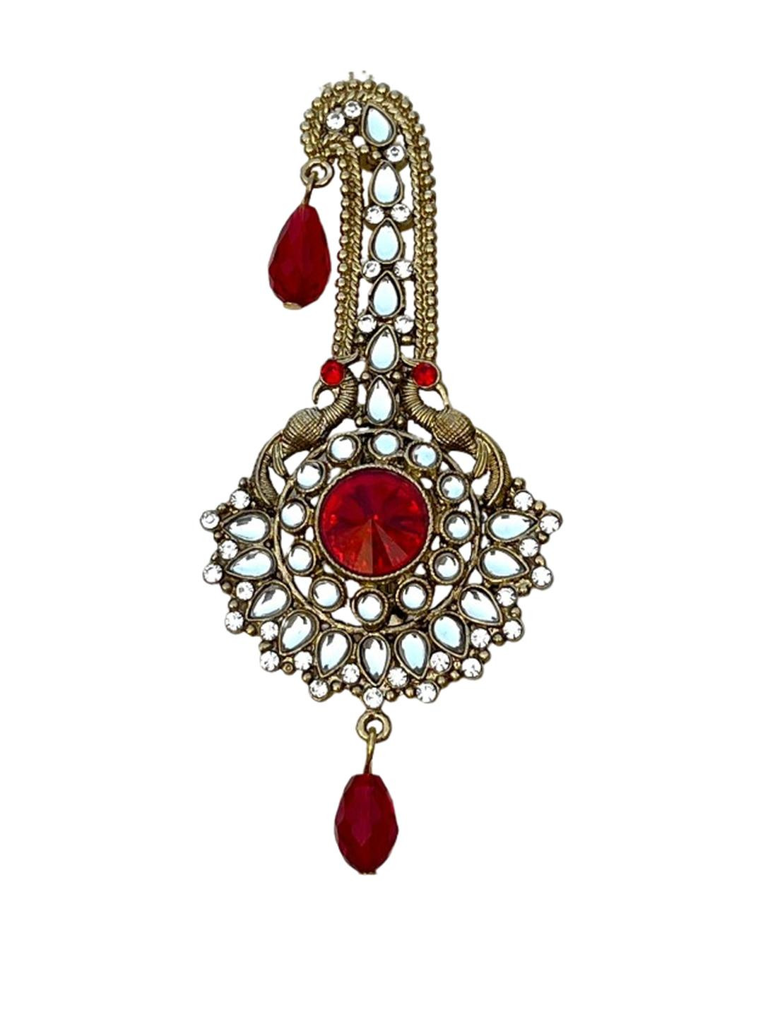 FURE Women Red & Gold-Plated Artificial Stones Studded Double Peacock Kilangi Alloy Brooch