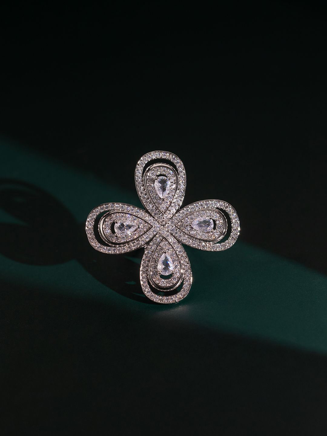 Voylla Halo Essence Rhodium-Plated Cubic Zirconia Stone Studded Finger Ring