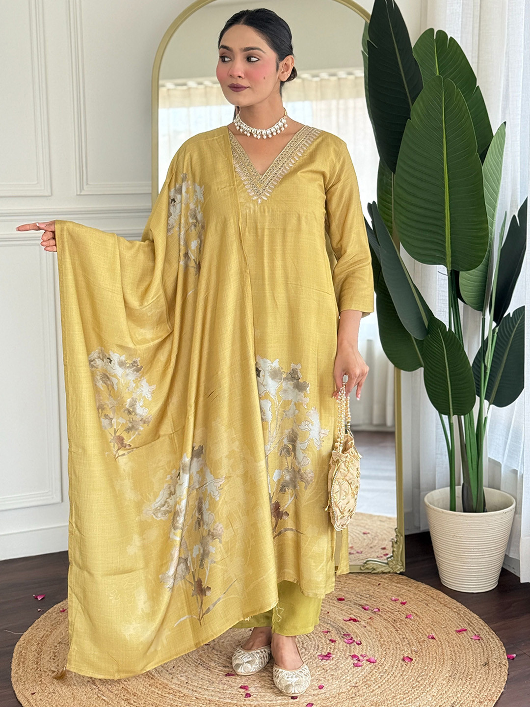 Pantos Floral Embroidered Thread Work Chanderi Cotton Kurta With Trousers & Dupatta