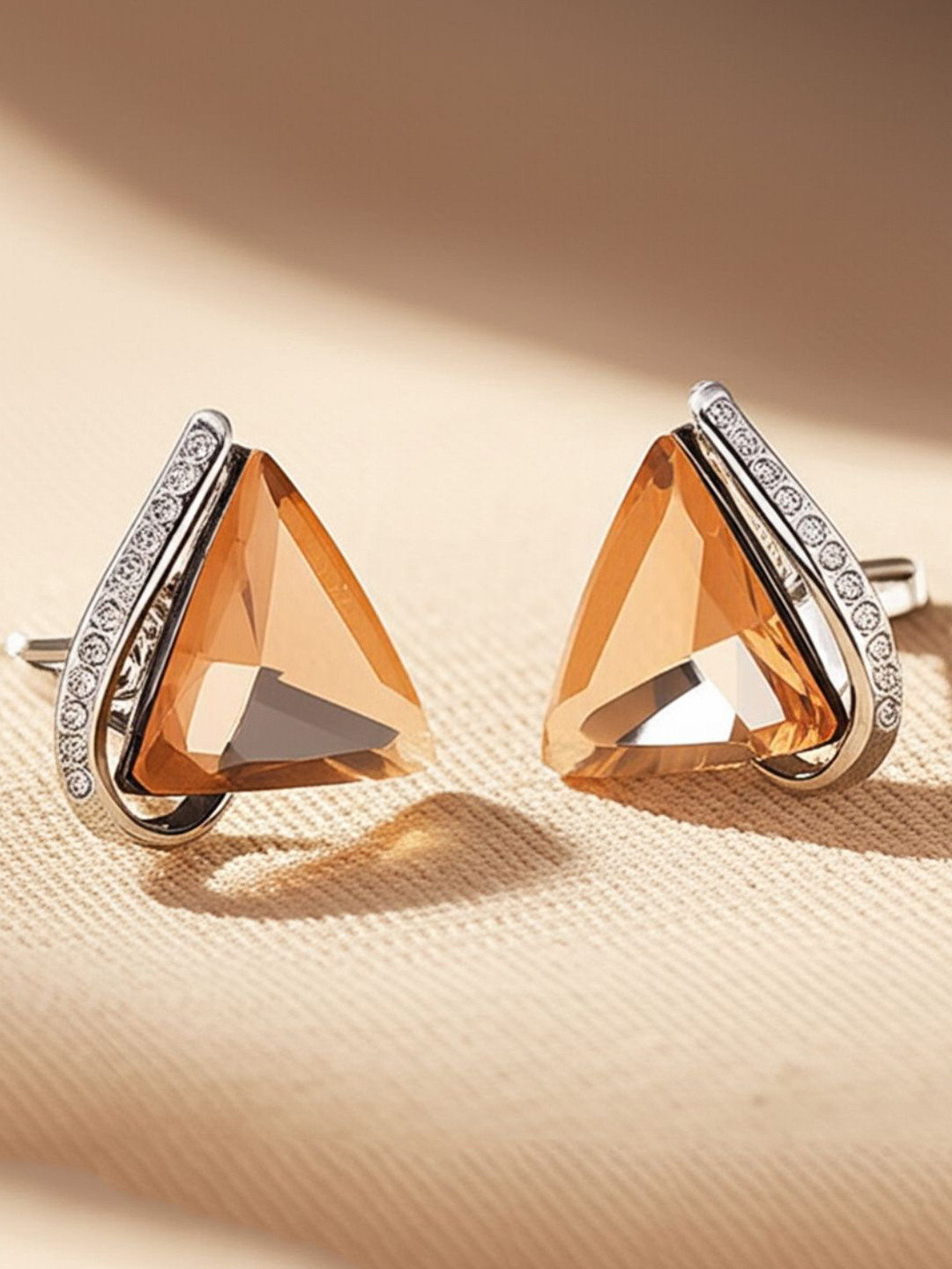 Young & Forever Stainless Steel Silver Plated Swarovski Crystal Studded Triangular Studs