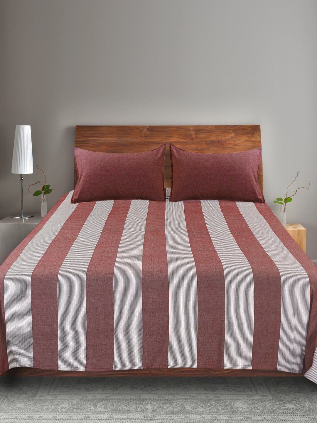 Saral Home Maroon & White Striped 500 TC Bedsheet with 2 Pillow Covers