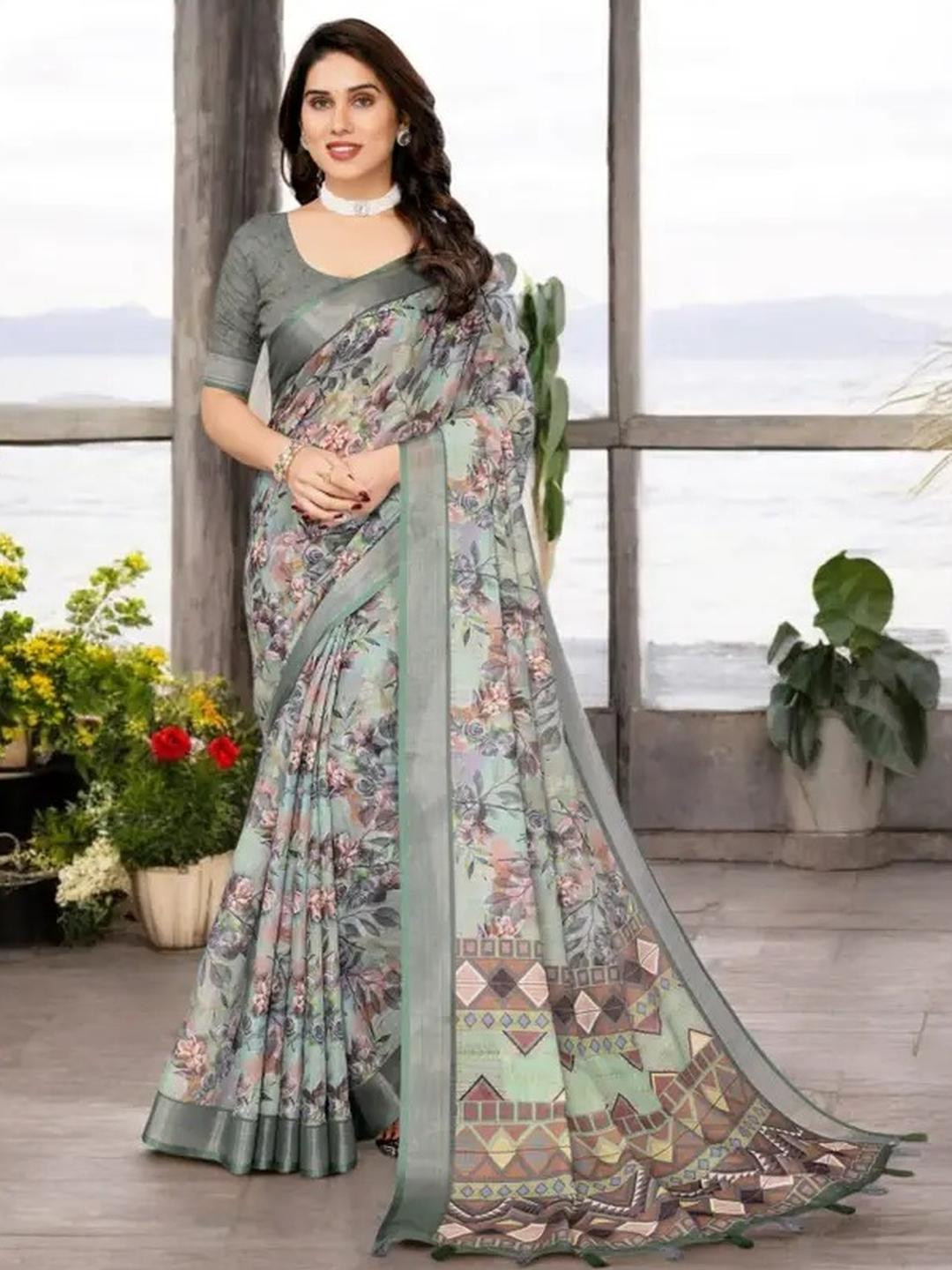 santro sarees Sea Green Silk Blend  Sarees