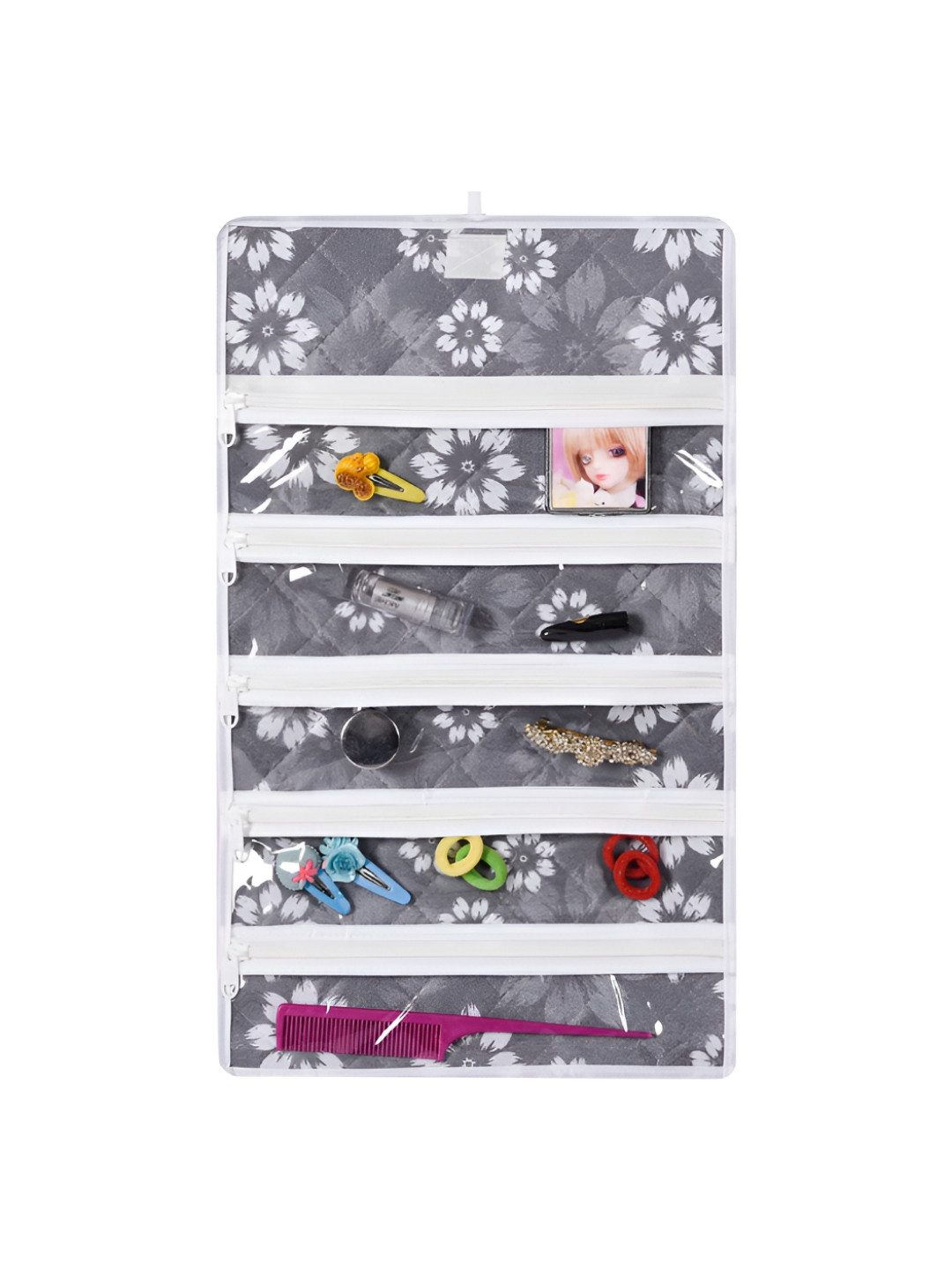 Aura Grey & White Printed 5 Pocket Hanging Makeup Organiser