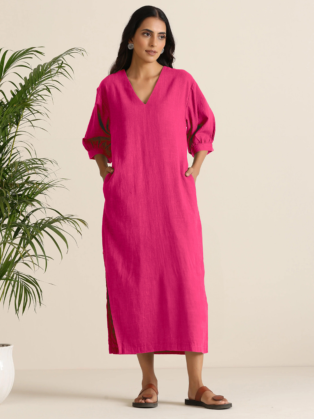 trueBrowns Hot Pink Cotton Blend Long Dress