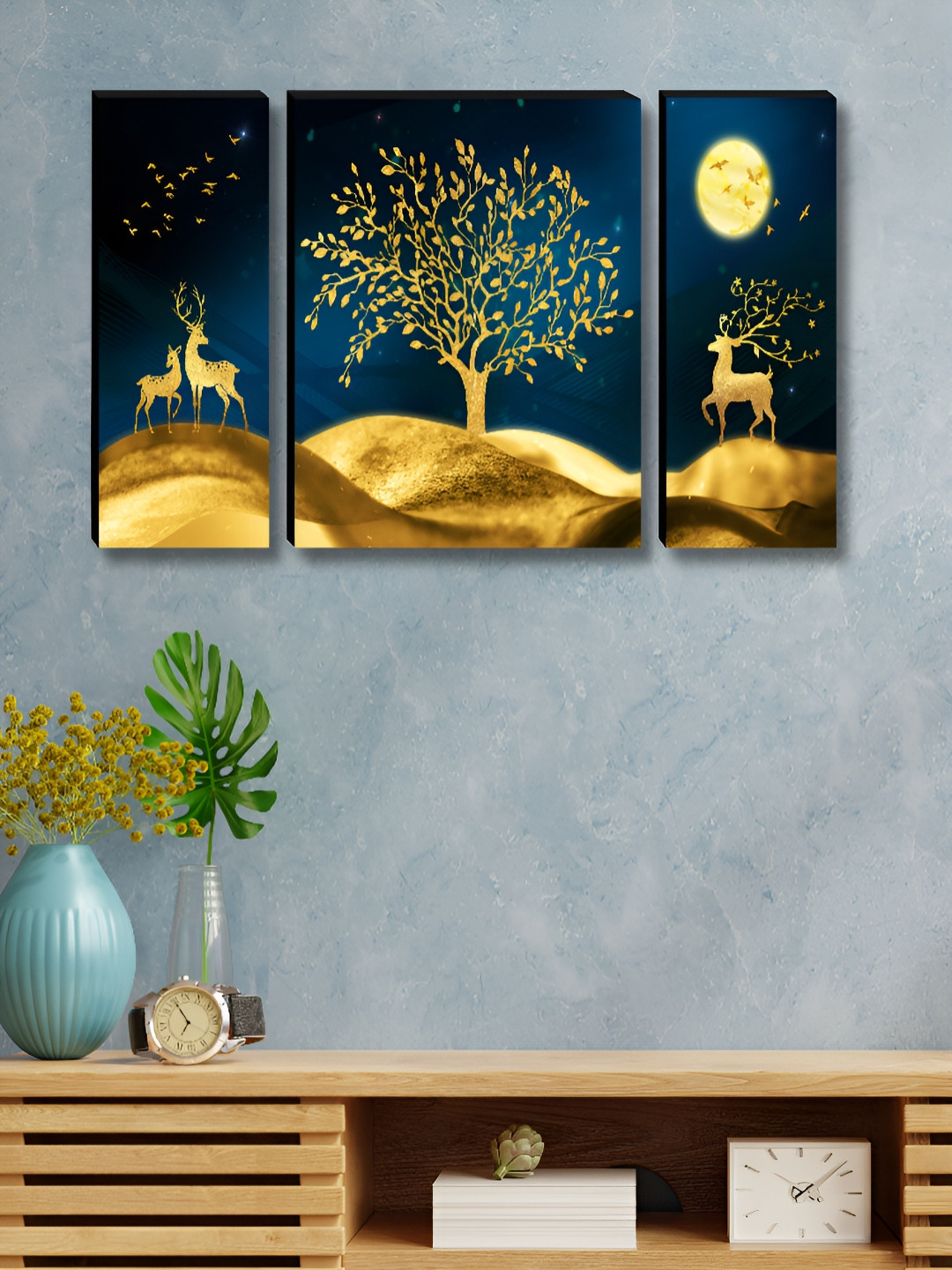 SAF Blue & Gold Toned 3 Pieces Deer & Tree Mystical Moonlight Nature Wall Arts