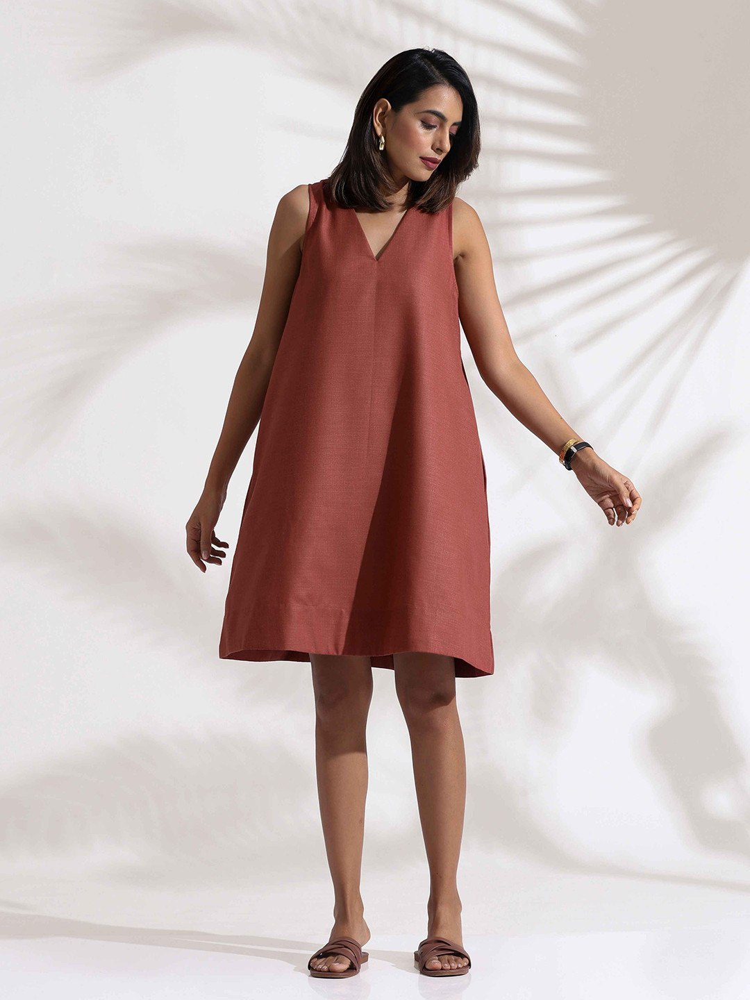 trueBrowns Pink Slub A-Line Midi Dress