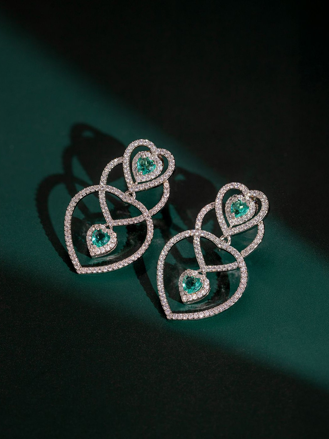 Voylla Rhodium-Plated American Diamond Heart Shaped Drop Earrings