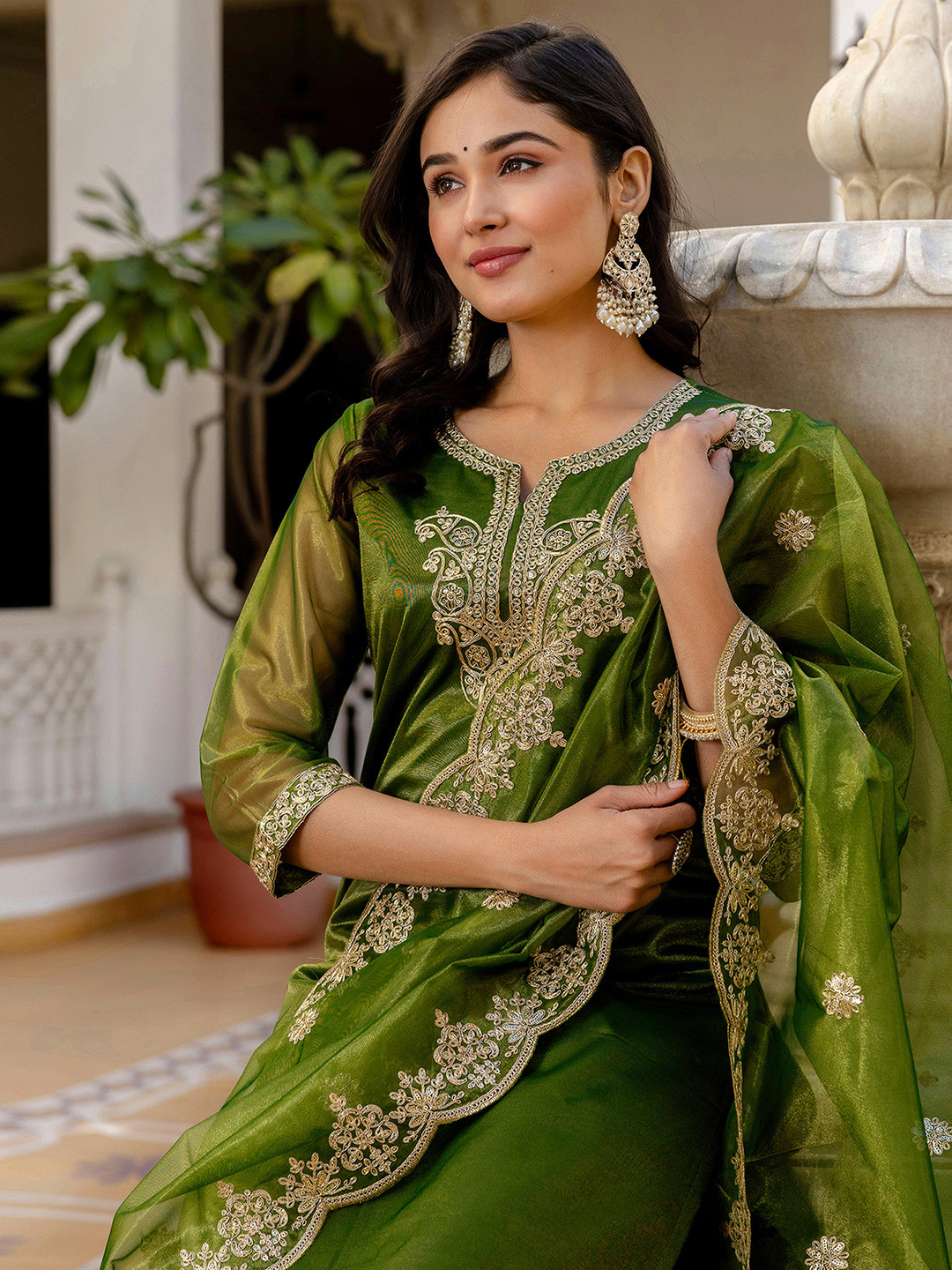 SANISA Floral Yoke Design Notch Neck Sequinned Straight Kurta With Trousers & Dupatta