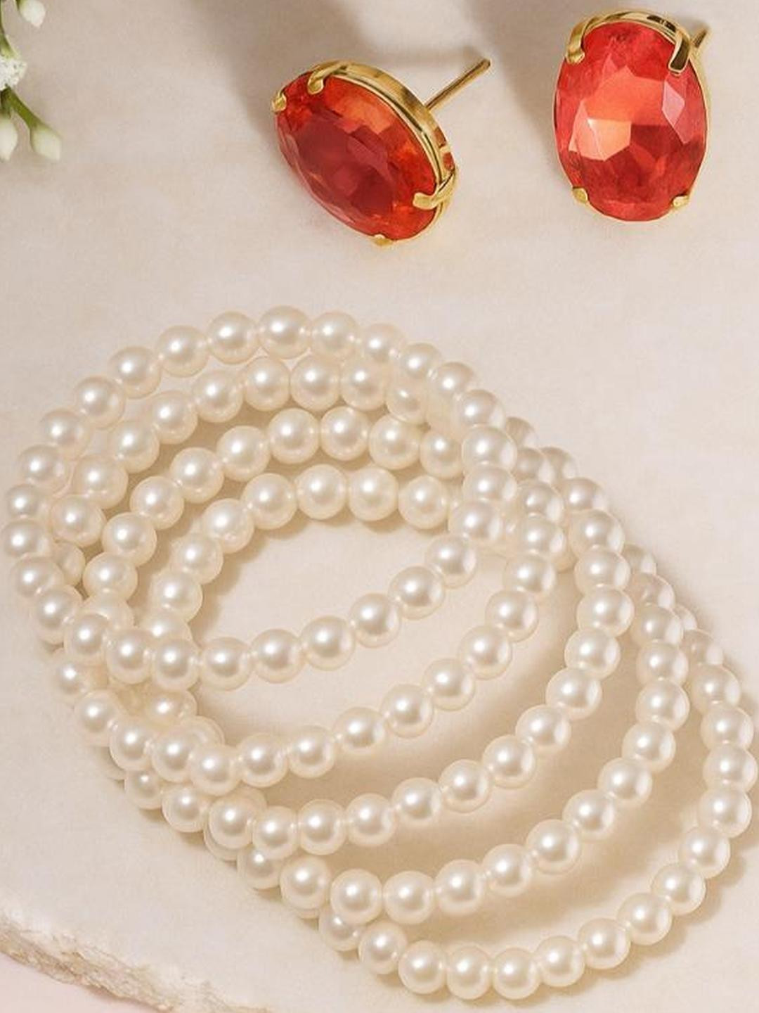 Anouk Red Korean Glass Crystal Stud Earrings & White Pearl Bracelet