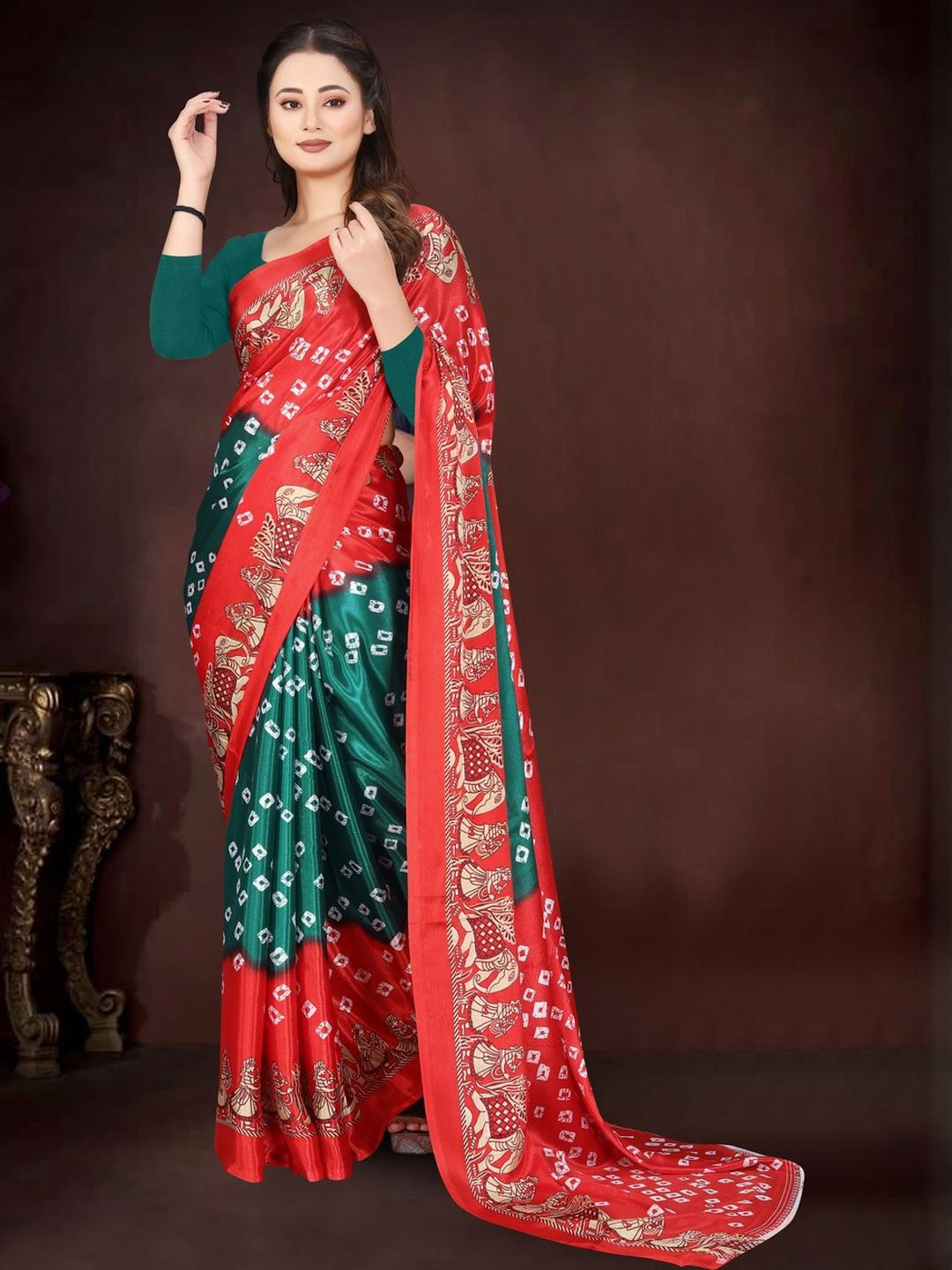 Jihana Fab Red Poly Chiffon  Sarees