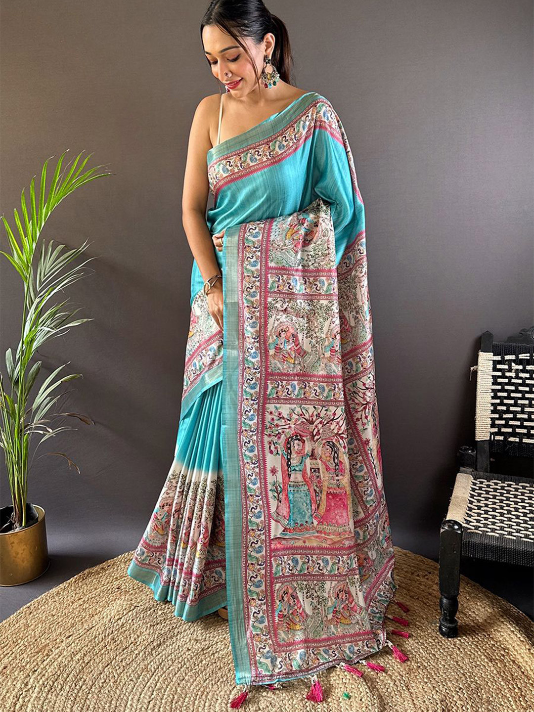 Nayanthara Trends Kalamkari Zari Tussar Saree with Unstitched Blouse Piece