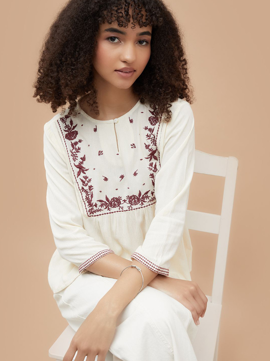 Fame Forever by Lifestyle Women Ethnic Motifs Embroidered Round Neck A-Line Regular Top