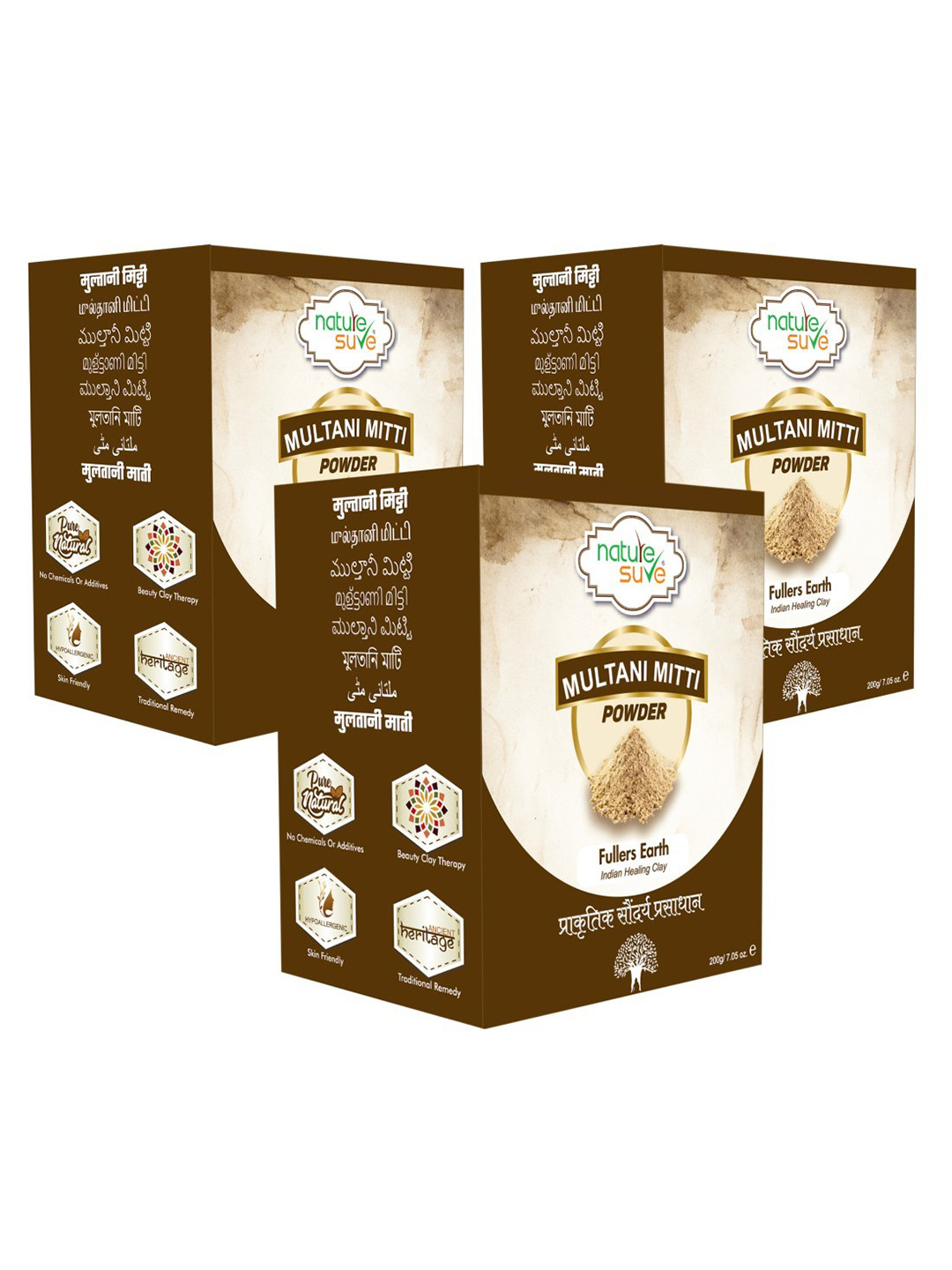 Nature Sure Pack Of 3 Multani Mitti Powder 200g with Rose Water 50ml